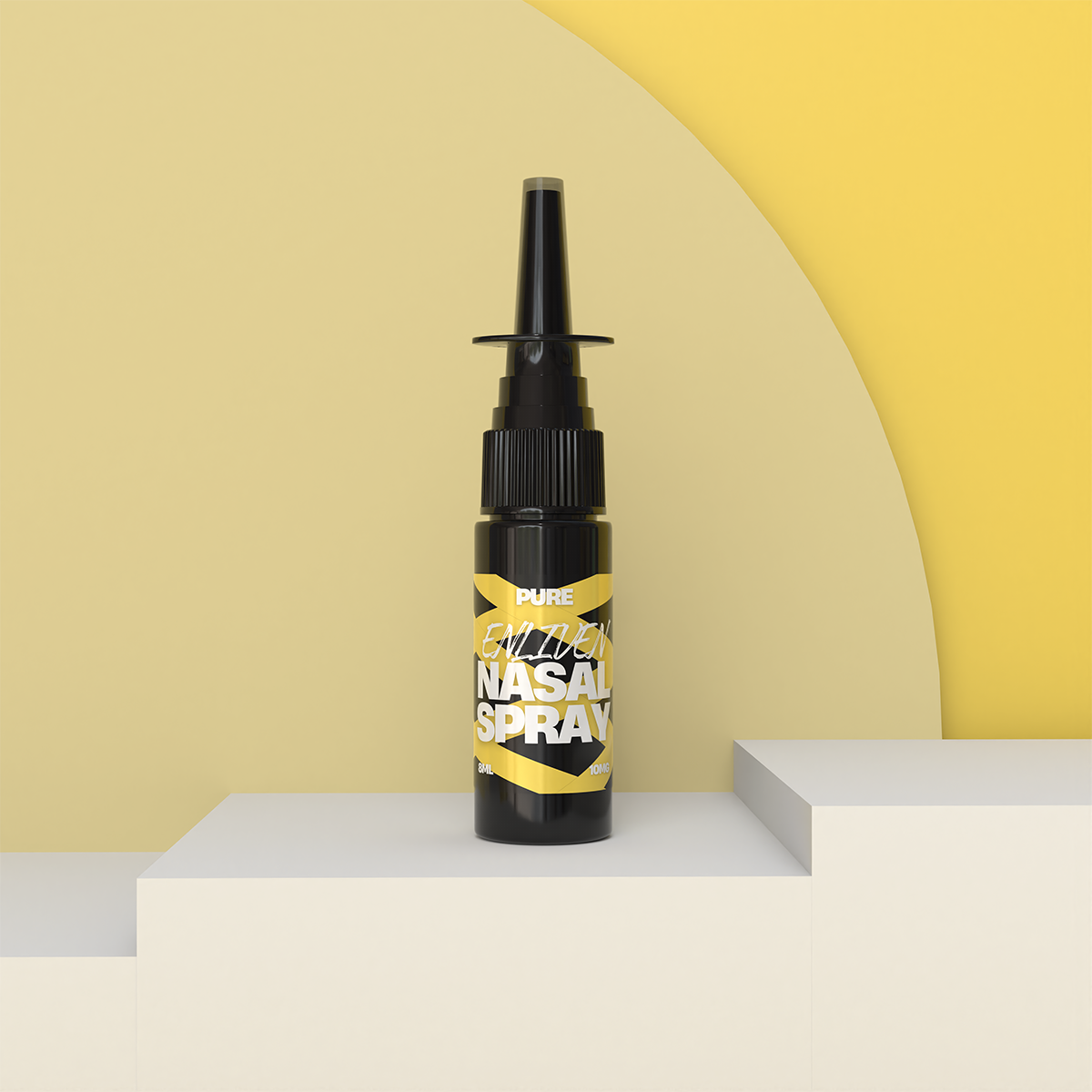 Black nasal spray bottle on yellow background