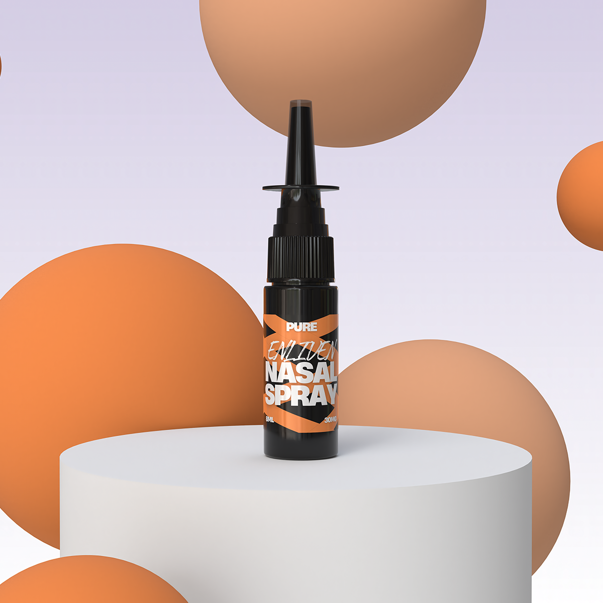 Nasal spray bottle on a minimalistic display.
